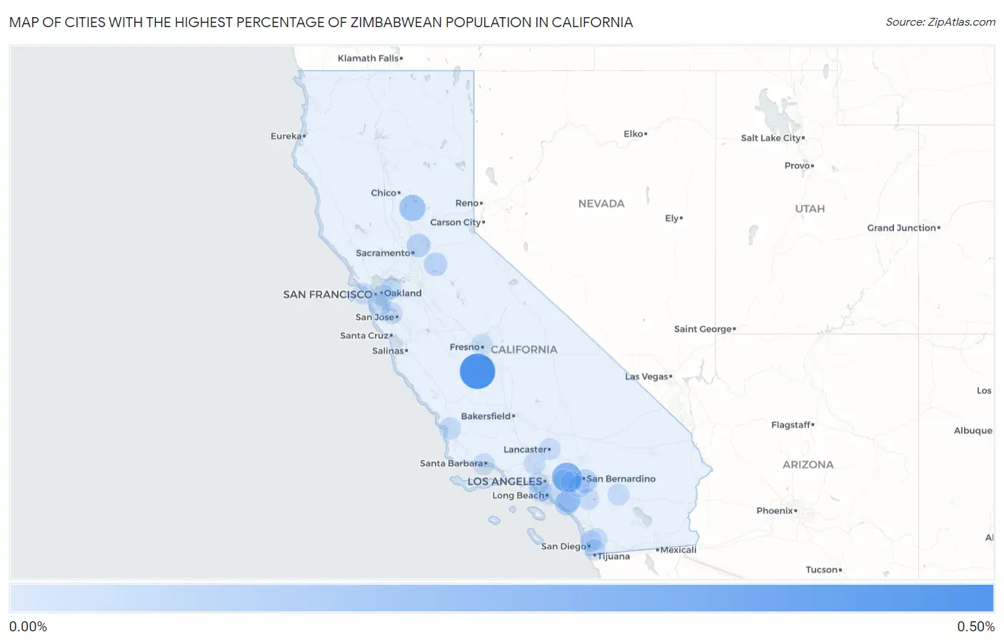 Cities with the Highest Percentage of Zimbabwean Population in California Map