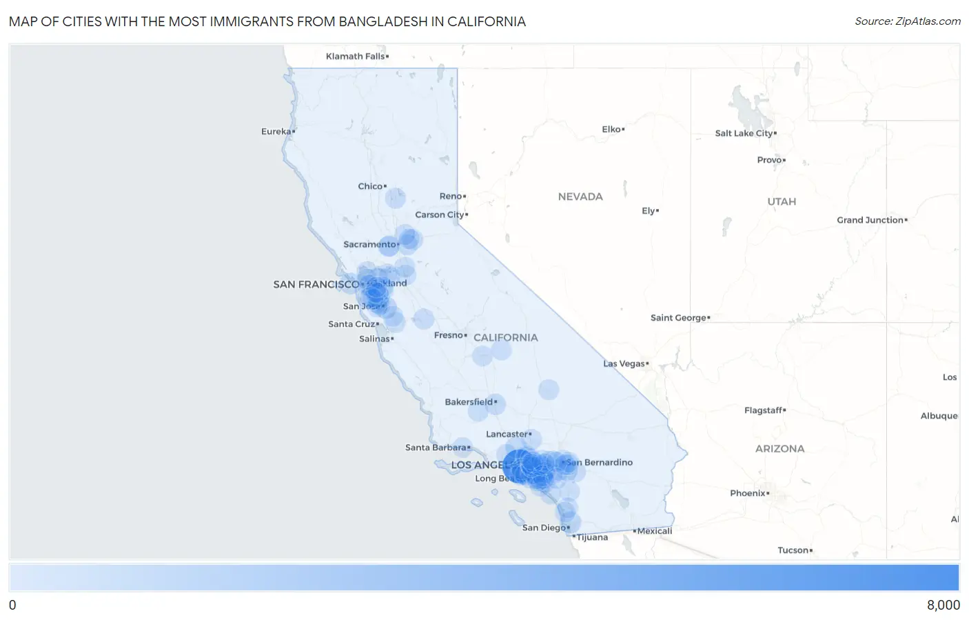 Cities with the Most Immigrants from Bangladesh in California Map