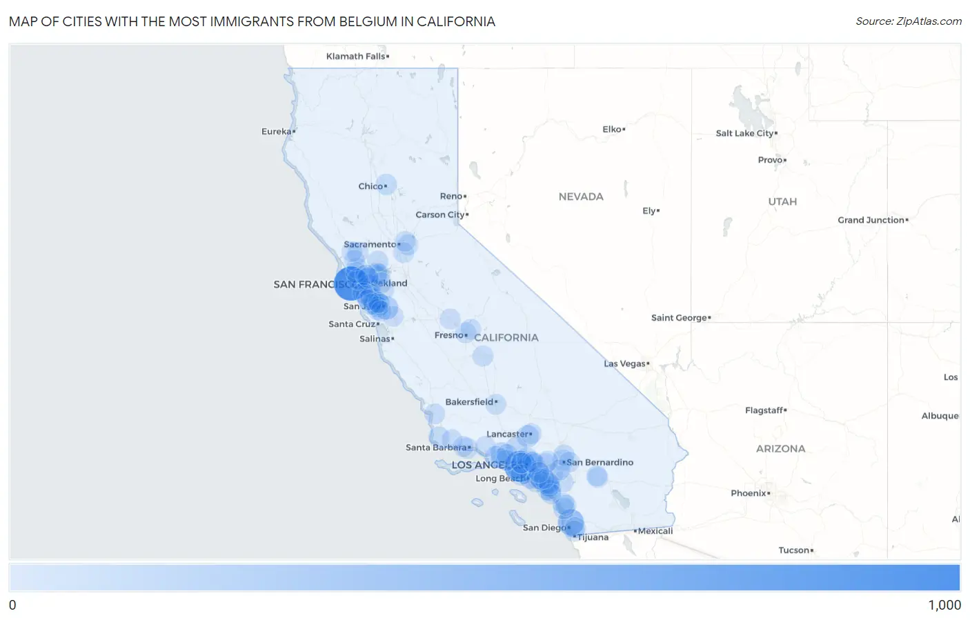 Cities with the Most Immigrants from Belgium in California Map