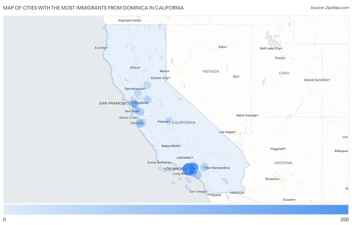 Cities with the Most Immigrants from Dominica in California Map