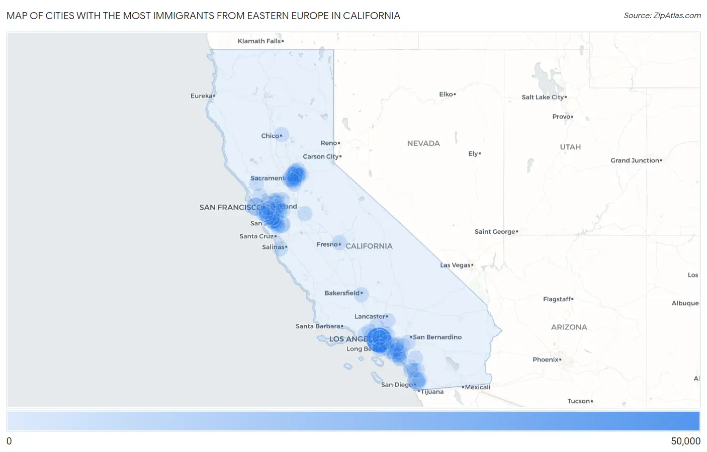 Cities with the Most Immigrants from Eastern Europe in California Map