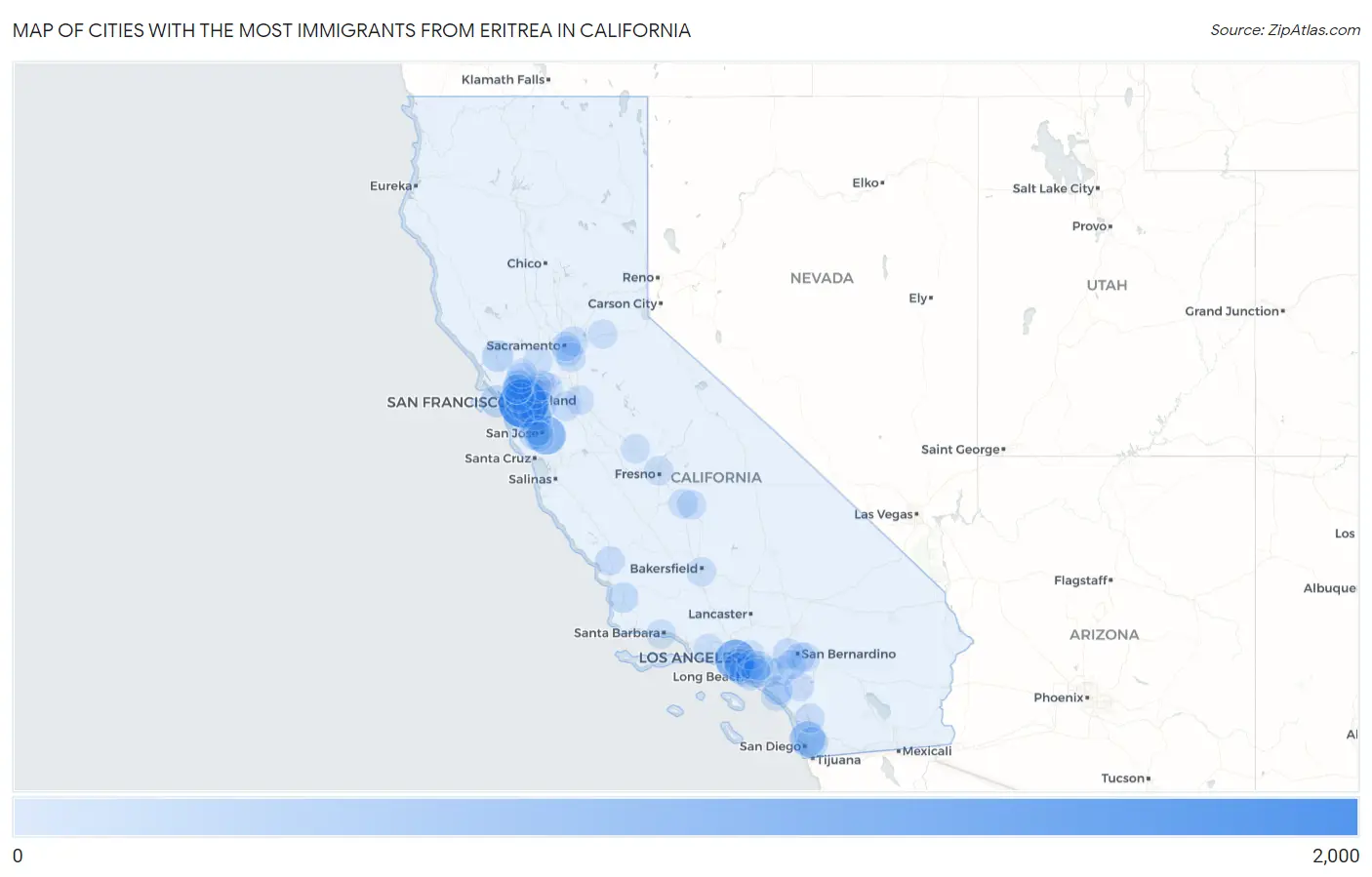 Cities with the Most Immigrants from Eritrea in California Map