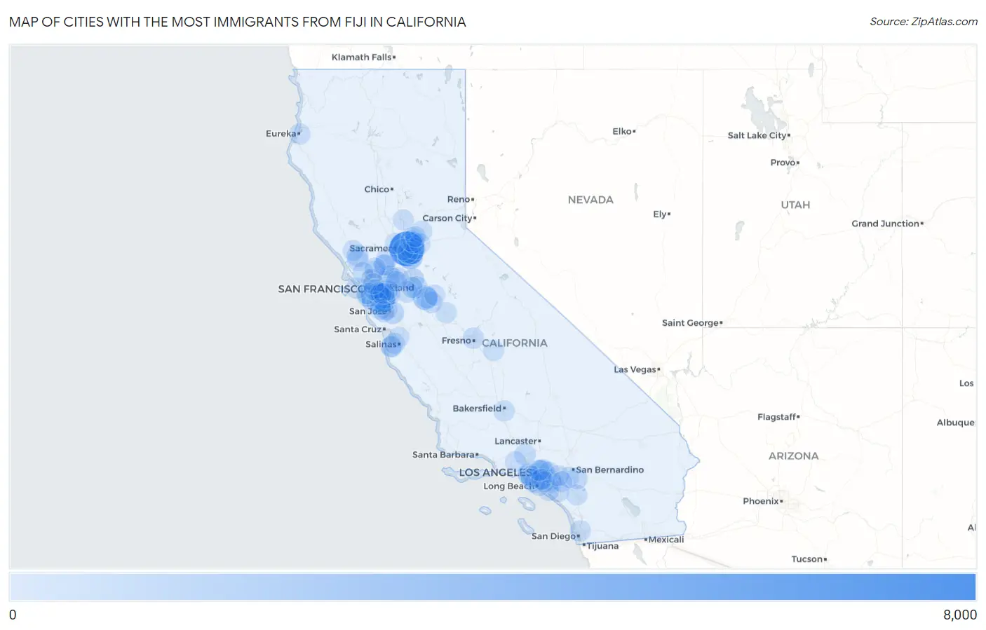 Cities with the Most Immigrants from Fiji in California Map