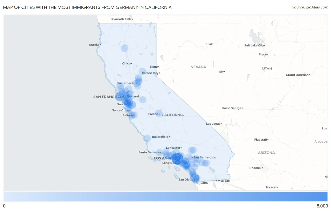 Cities with the Most Immigrants from Germany in California Map