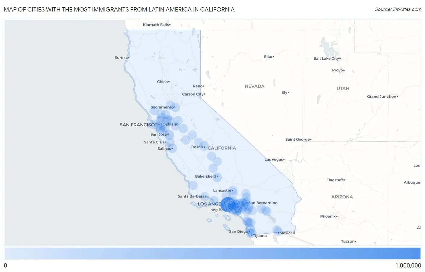 Cities with the Most Immigrants from Latin America in California Map