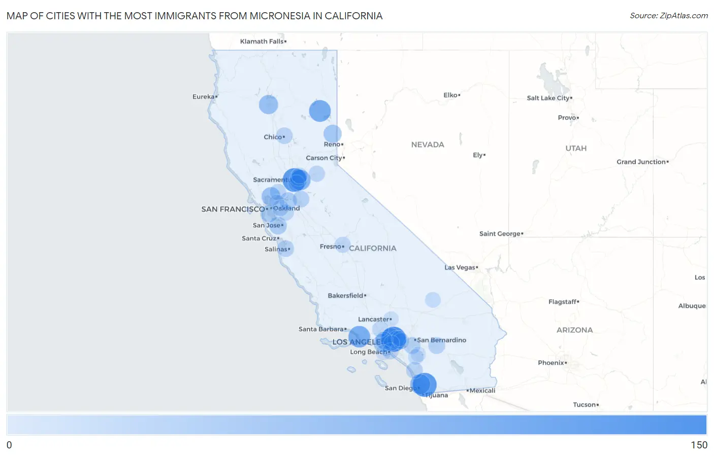 Cities with the Most Immigrants from Micronesia in California Map