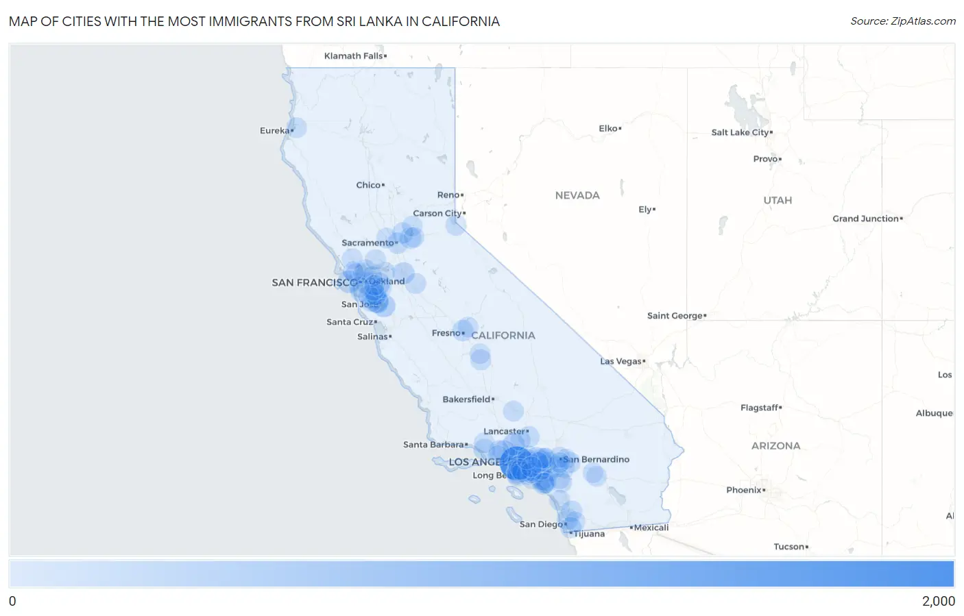Cities with the Most Immigrants from Sri Lanka in California Map