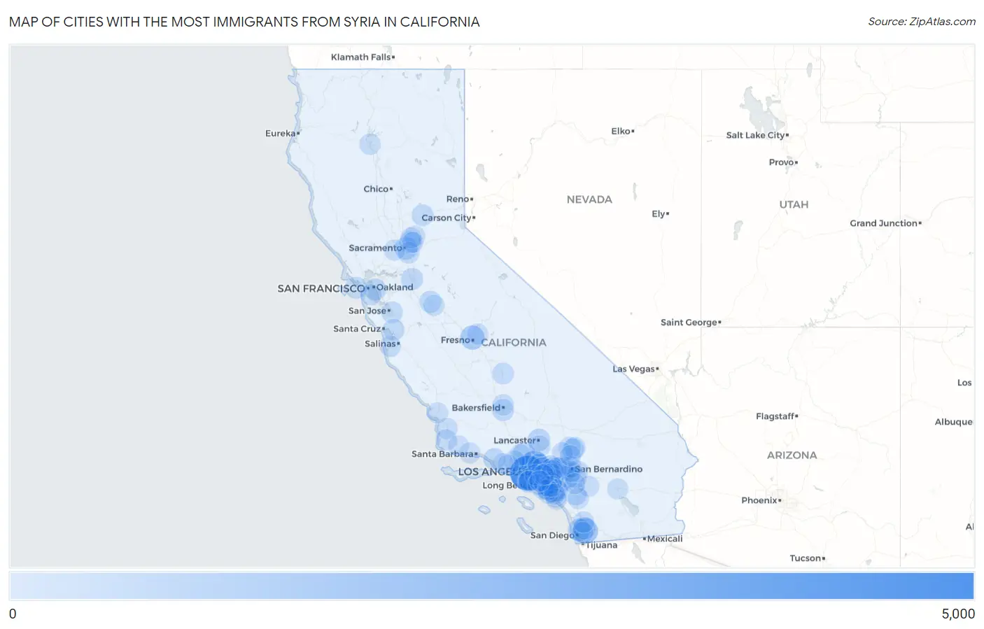 Cities with the Most Immigrants from Syria in California Map