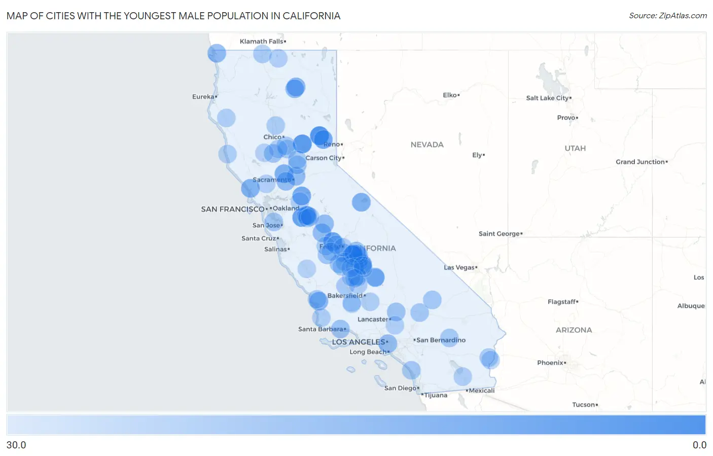 Cities with the Youngest Male Population in California Map