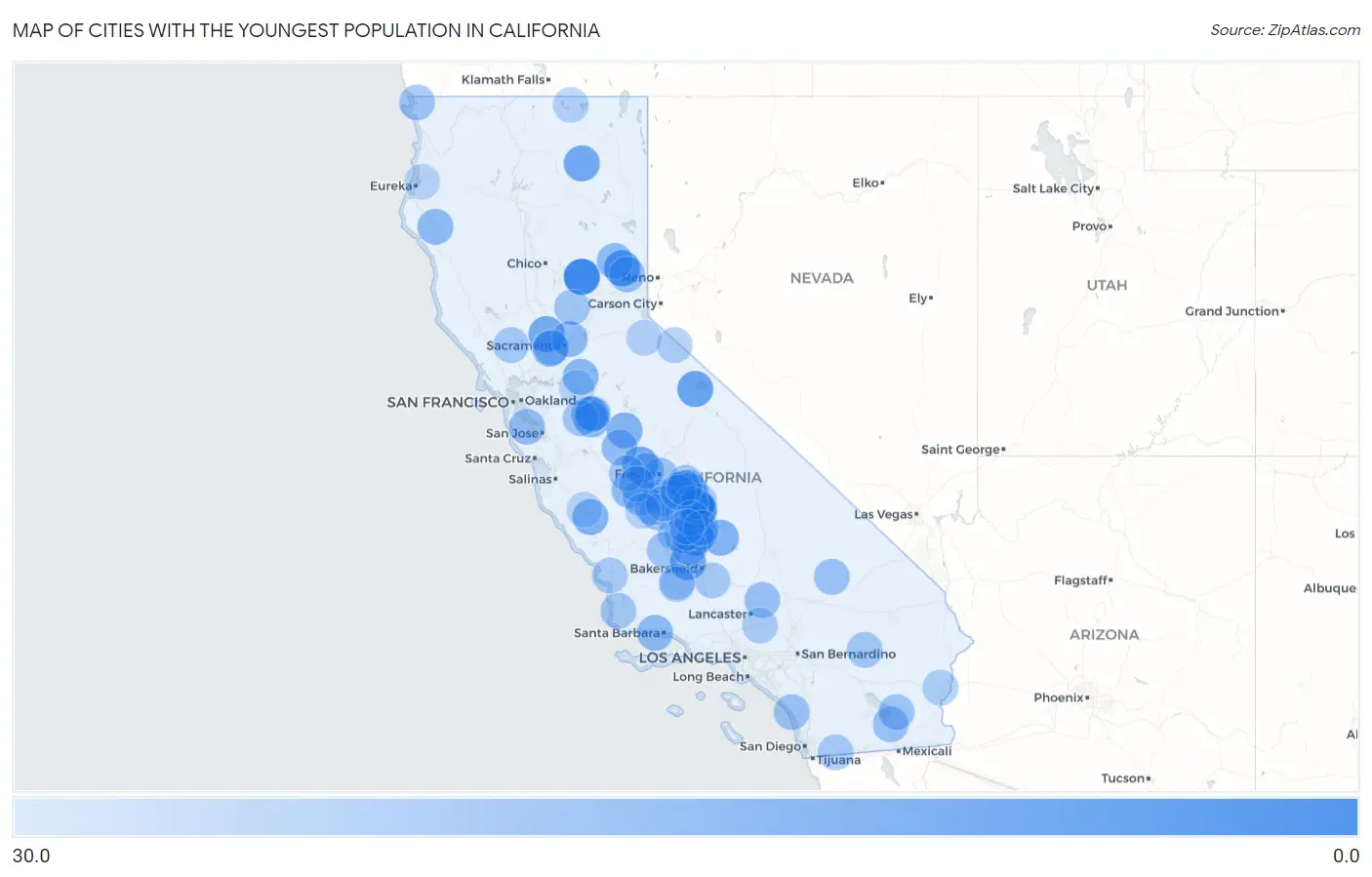 Cities with the Youngest Population in California Map