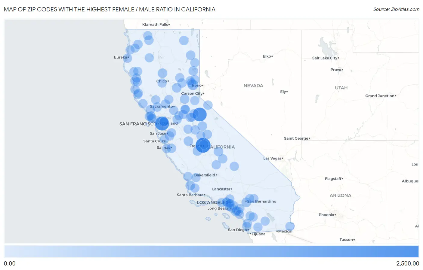 Zip Codes with the Highest Female / Male Ratio in California Map