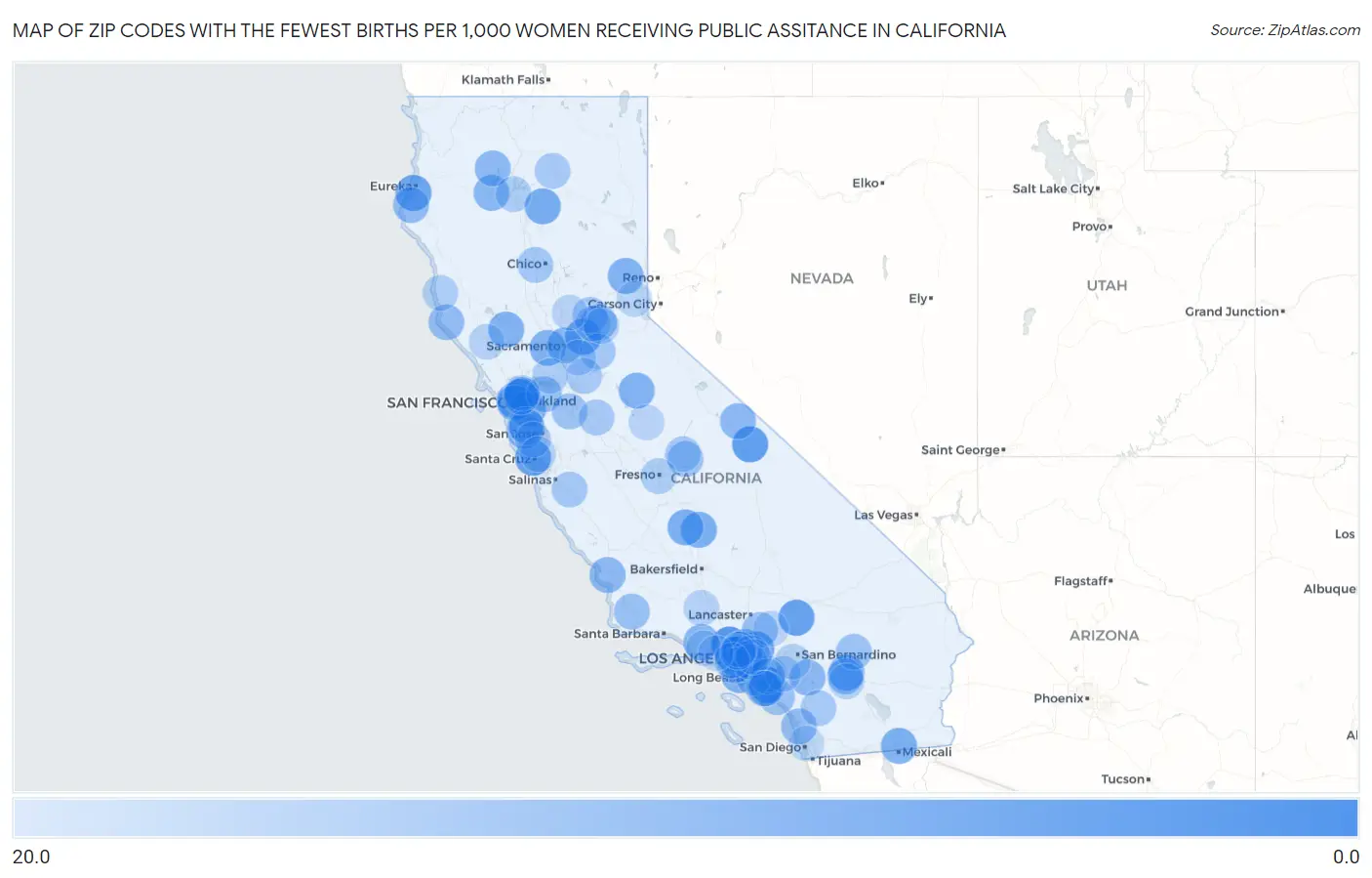 Zip Codes with the Fewest Births per 1,000 Women Receiving Public Assitance in California Map