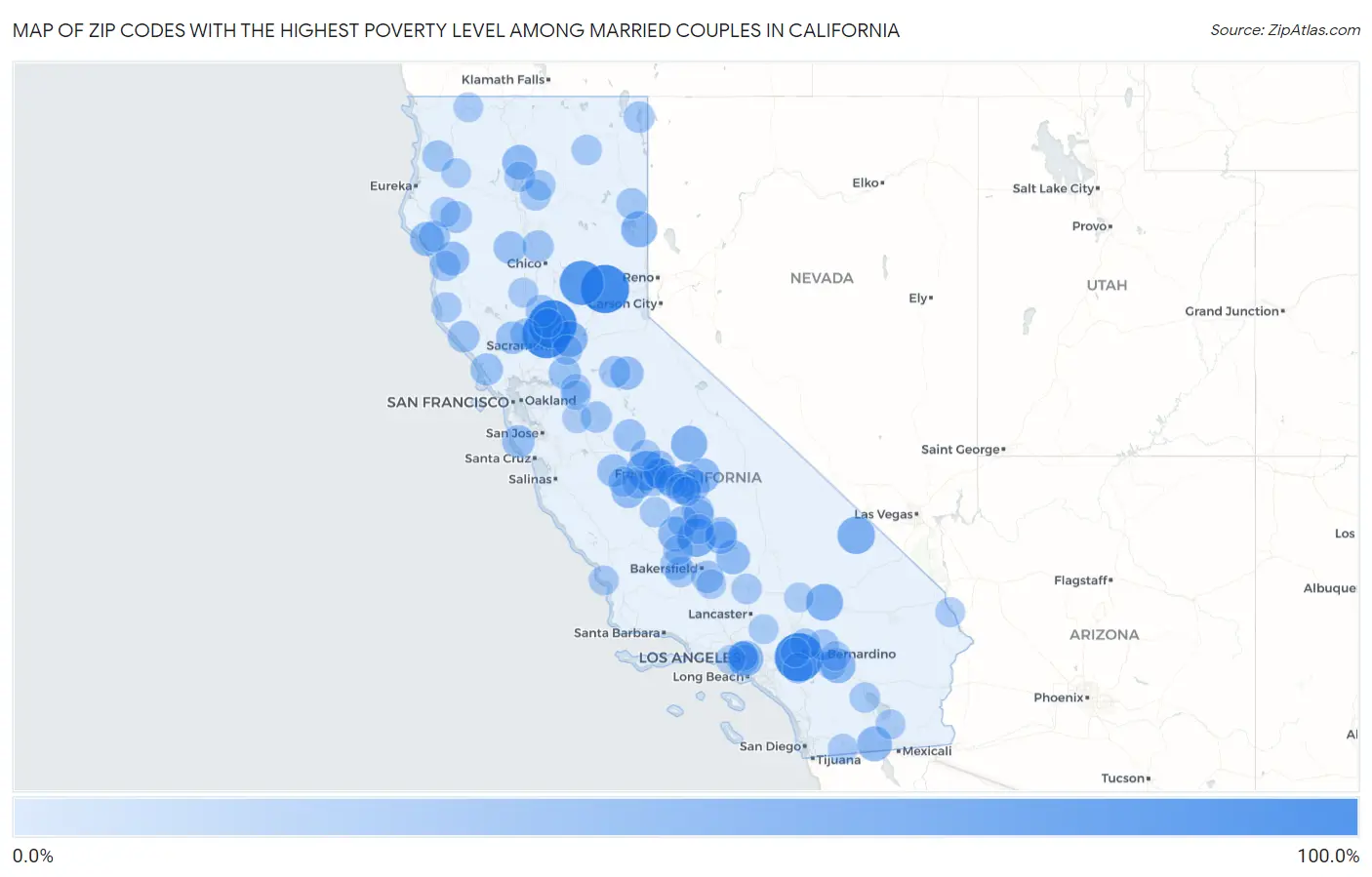 Zip Codes with the Highest Poverty Level Among Married Couples in California Map
