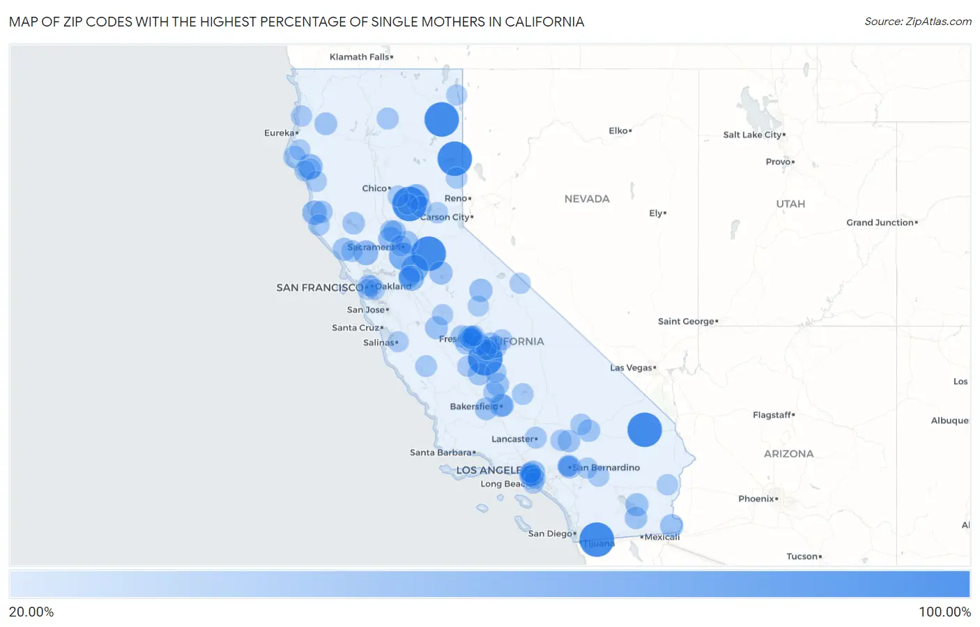 Zip Codes with the Highest Percentage of Single Mothers in California Map