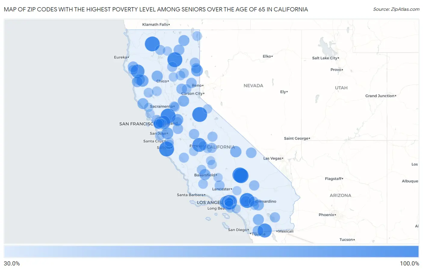 Zip Codes with the Highest Poverty Level Among Seniors Over the Age of 65 in California Map