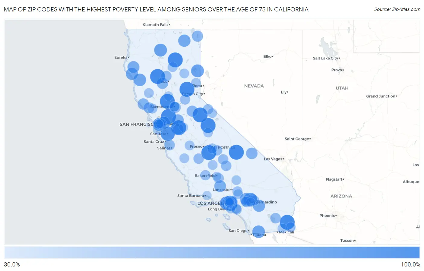Zip Codes with the Highest Poverty Level Among Seniors Over the Age of 75 in California Map
