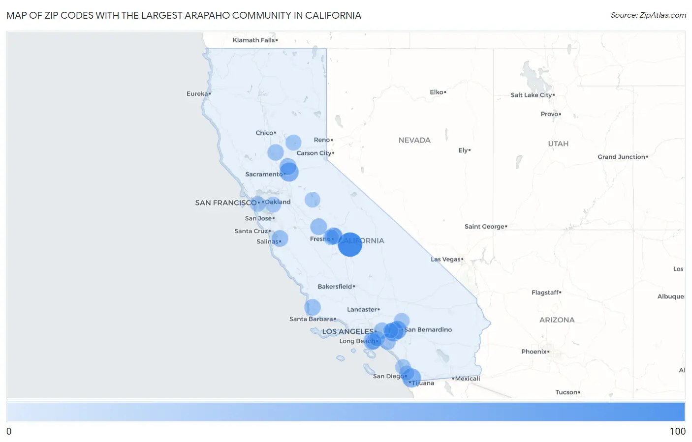 Zip Codes with the Largest Arapaho Community in California Map