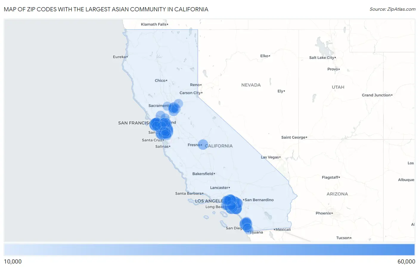 Zip Codes with the Largest Asian Community in California Map