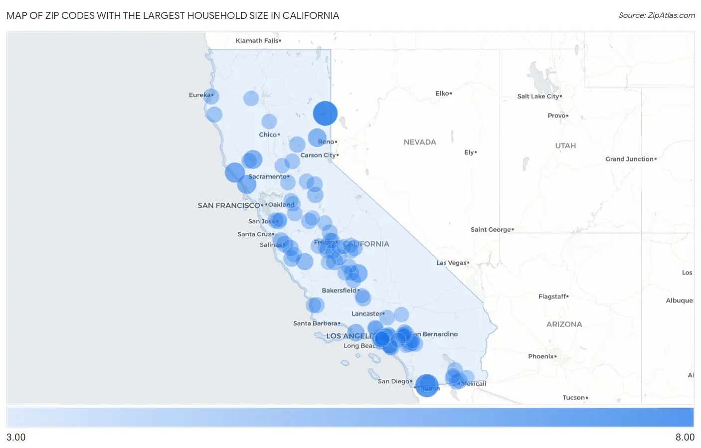 Zip Codes with the Largest Household Size in California Map