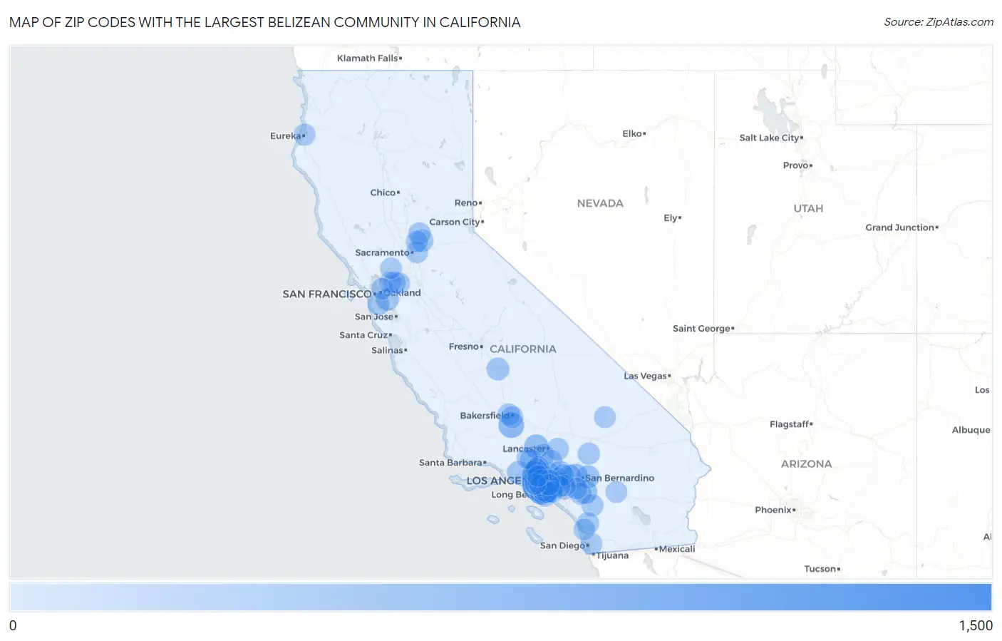 Zip Codes with the Largest Belizean Community in California Map