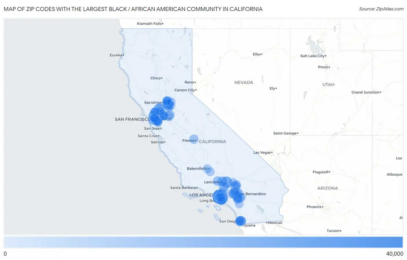 Zip Codes with the Largest Black / African American Community in California Map