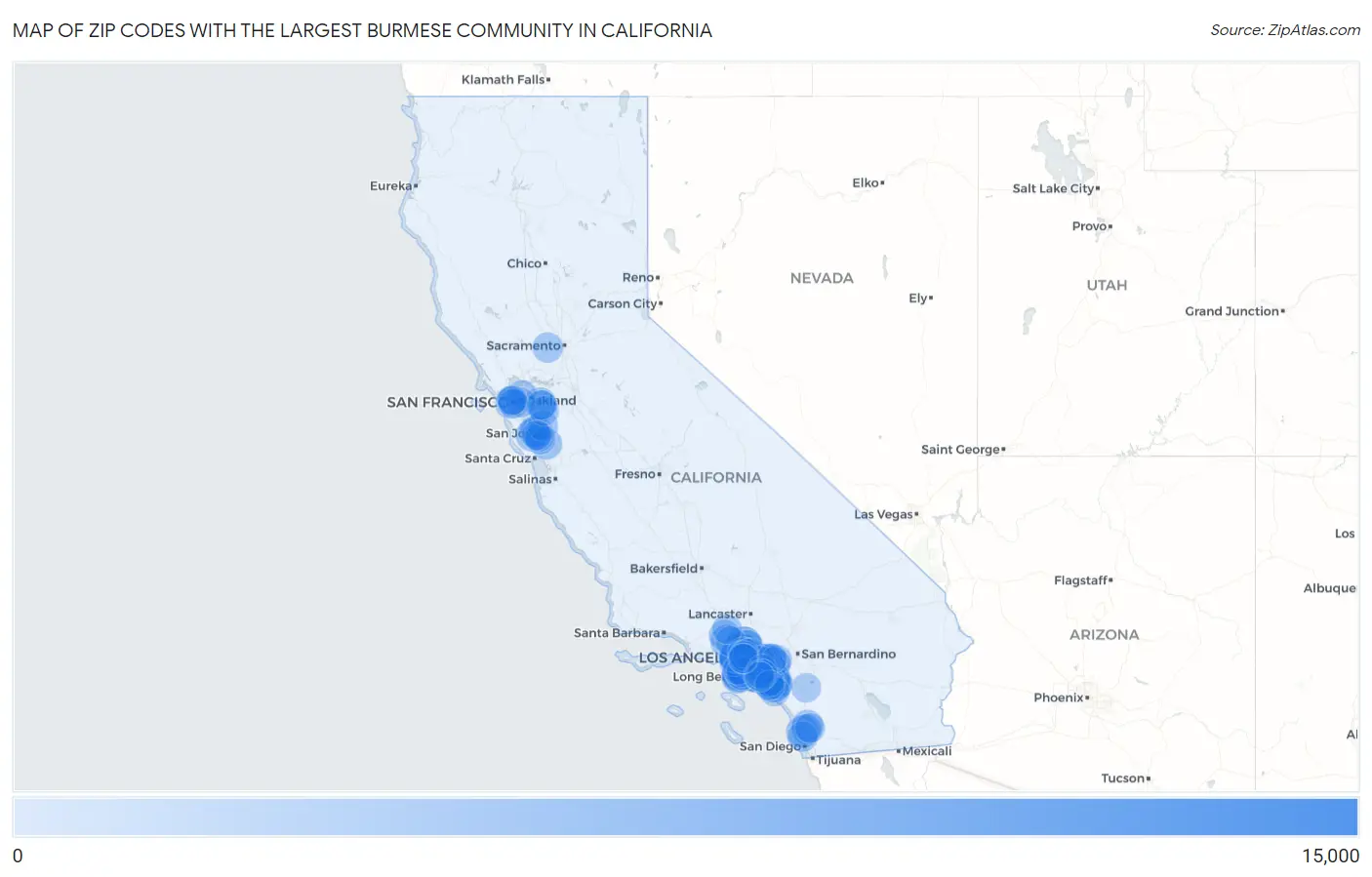 Zip Codes with the Largest Burmese Community in California Map