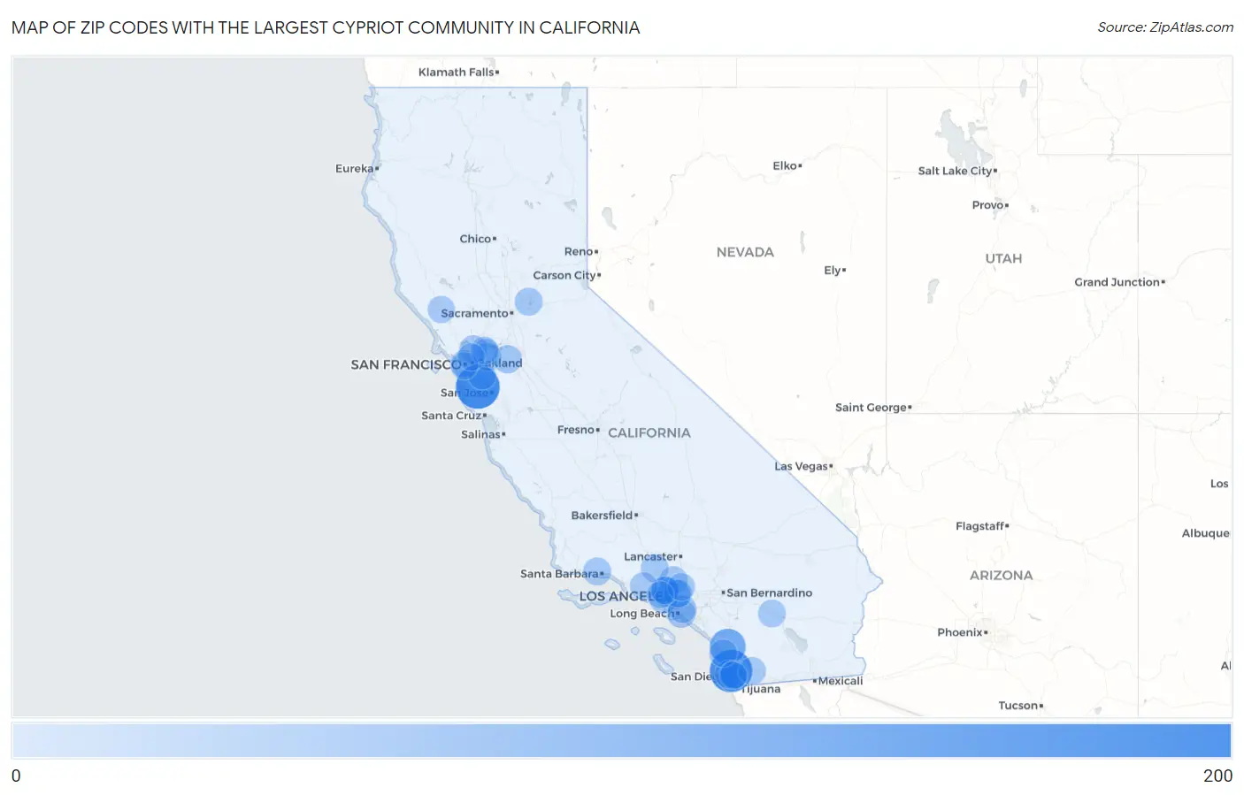 Zip Codes with the Largest Cypriot Community in California Map