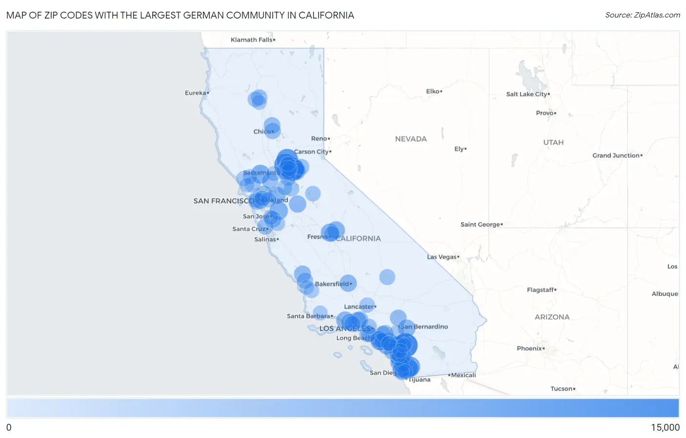 Zip Codes with the Largest German Community in California Map