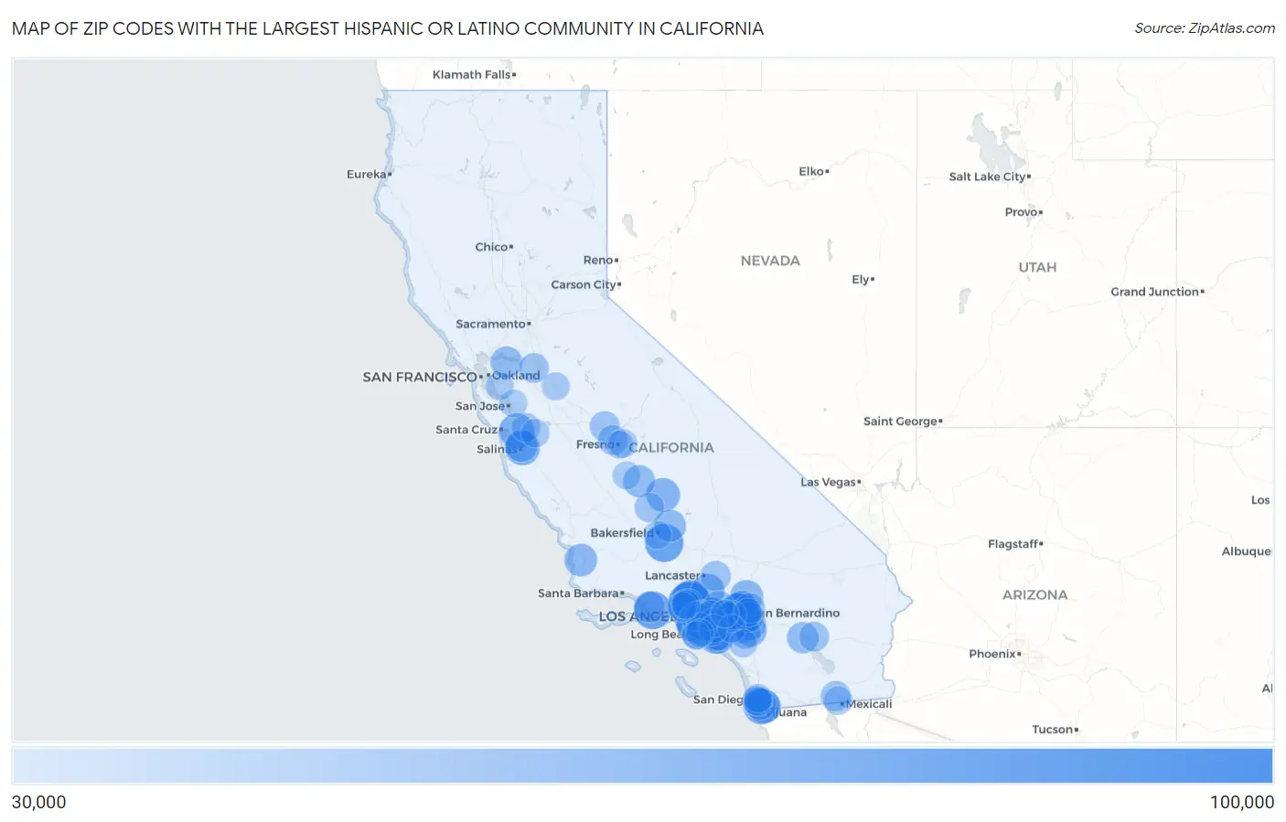 Zip Codes with the Largest Hispanic or Latino Community in California Map