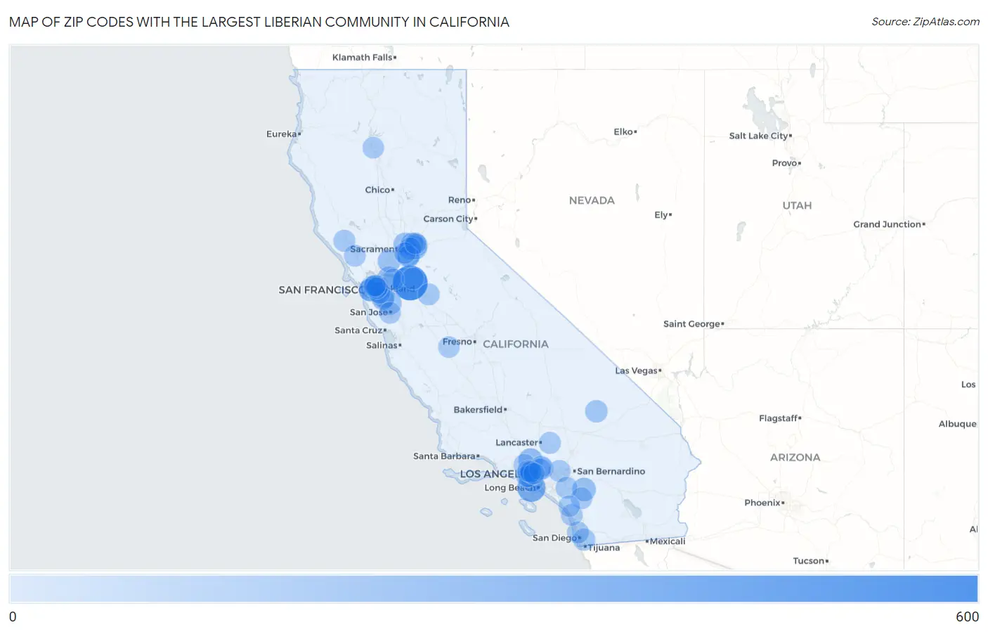 Zip Codes with the Largest Liberian Community in California Map