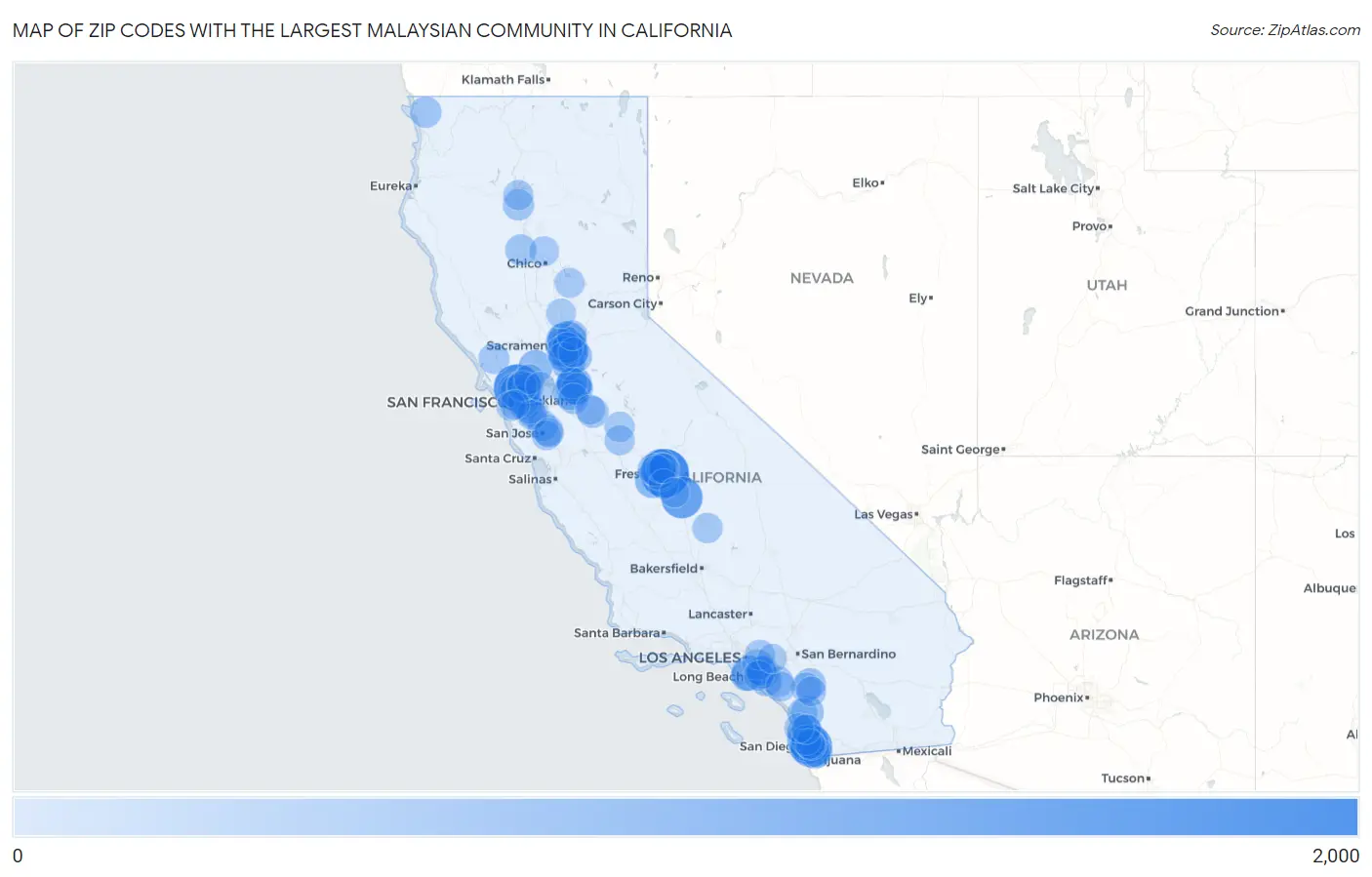 Zip Codes with the Largest Malaysian Community in California Map
