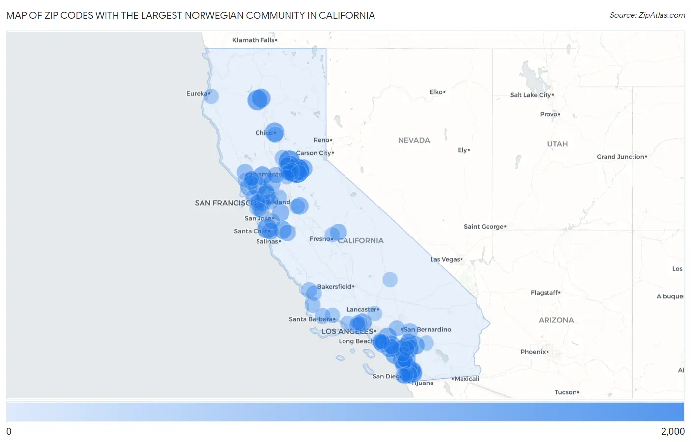 Zip Codes with the Largest Norwegian Community in California Map