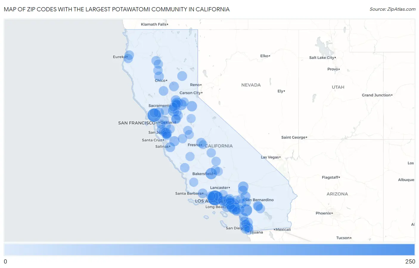 Zip Codes with the Largest Potawatomi Community in California Map
