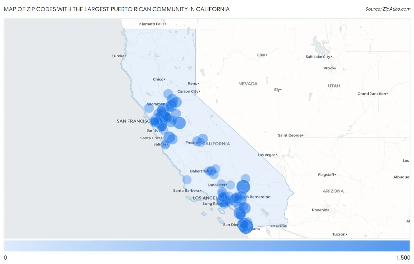 Zip Codes with the Largest Puerto Rican Community in California Map