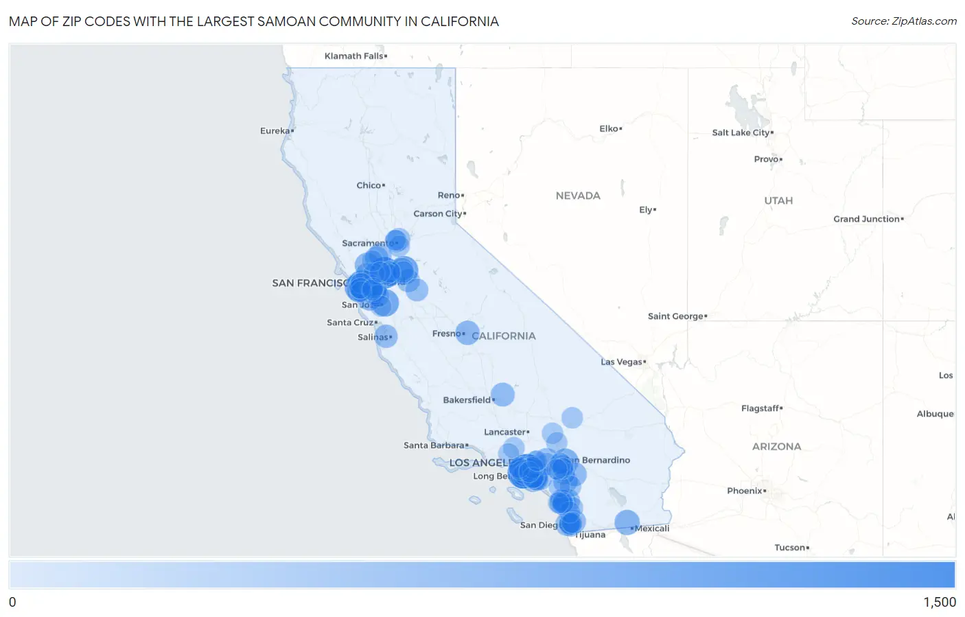Zip Codes with the Largest Samoan Community in California Map