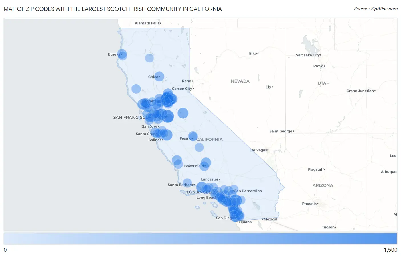 Zip Codes with the Largest Scotch-Irish Community in California Map