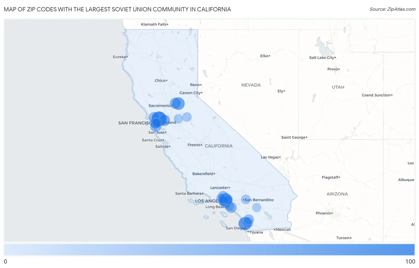 Zip Codes with the Largest Soviet Union Community in California Map