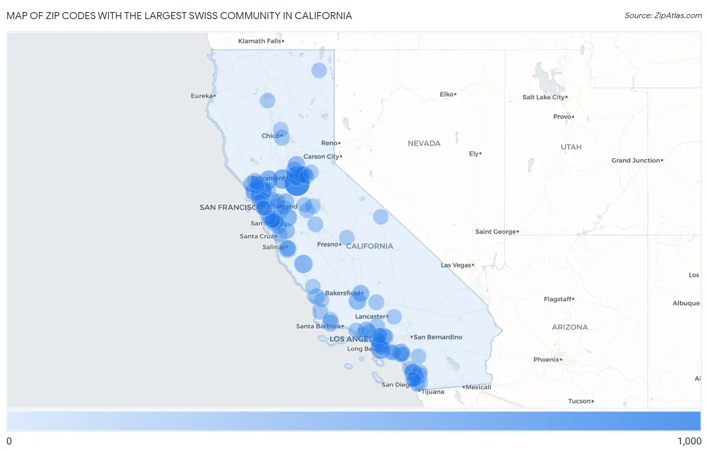 Zip Codes with the Largest Swiss Community in California Map