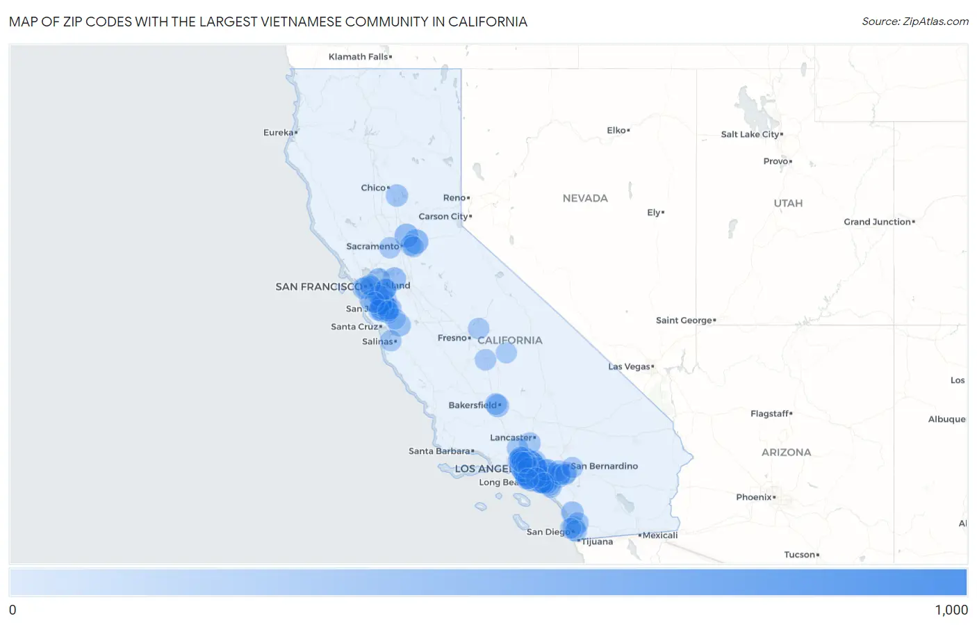 Zip Codes with the Largest Vietnamese Community in California Map
