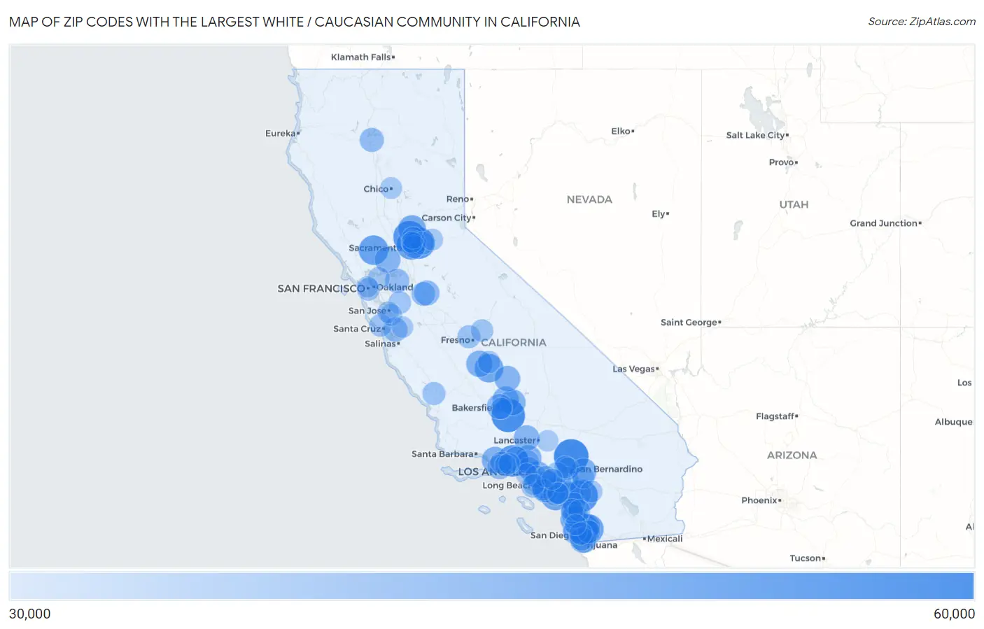 Zip Codes with the Largest White / Caucasian Community in California Map