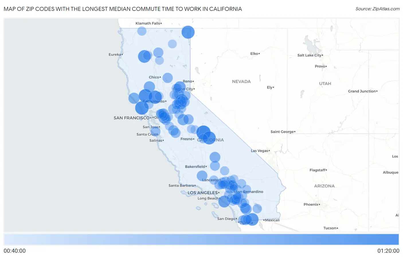 Zip Codes with the Longest Median Commute Time to Work in California Map