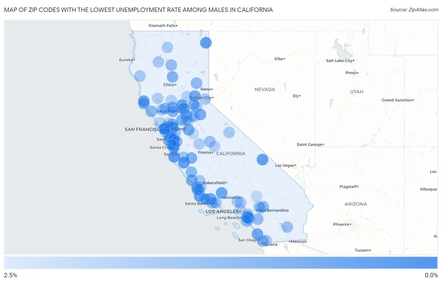 Zip Codes with the Lowest Unemployment Rate Among Males in California Map