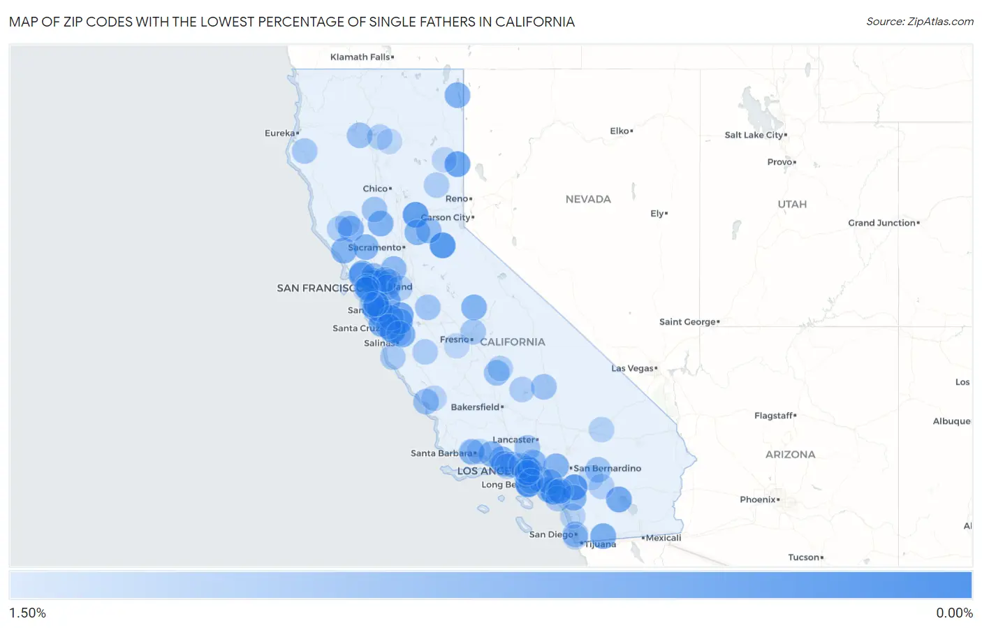 Zip Codes with the Lowest Percentage of Single Fathers in California Map