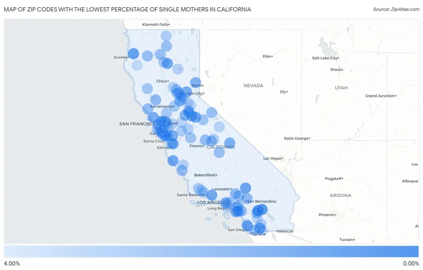 Zip Codes with the Lowest Percentage of Single Mothers in California Map