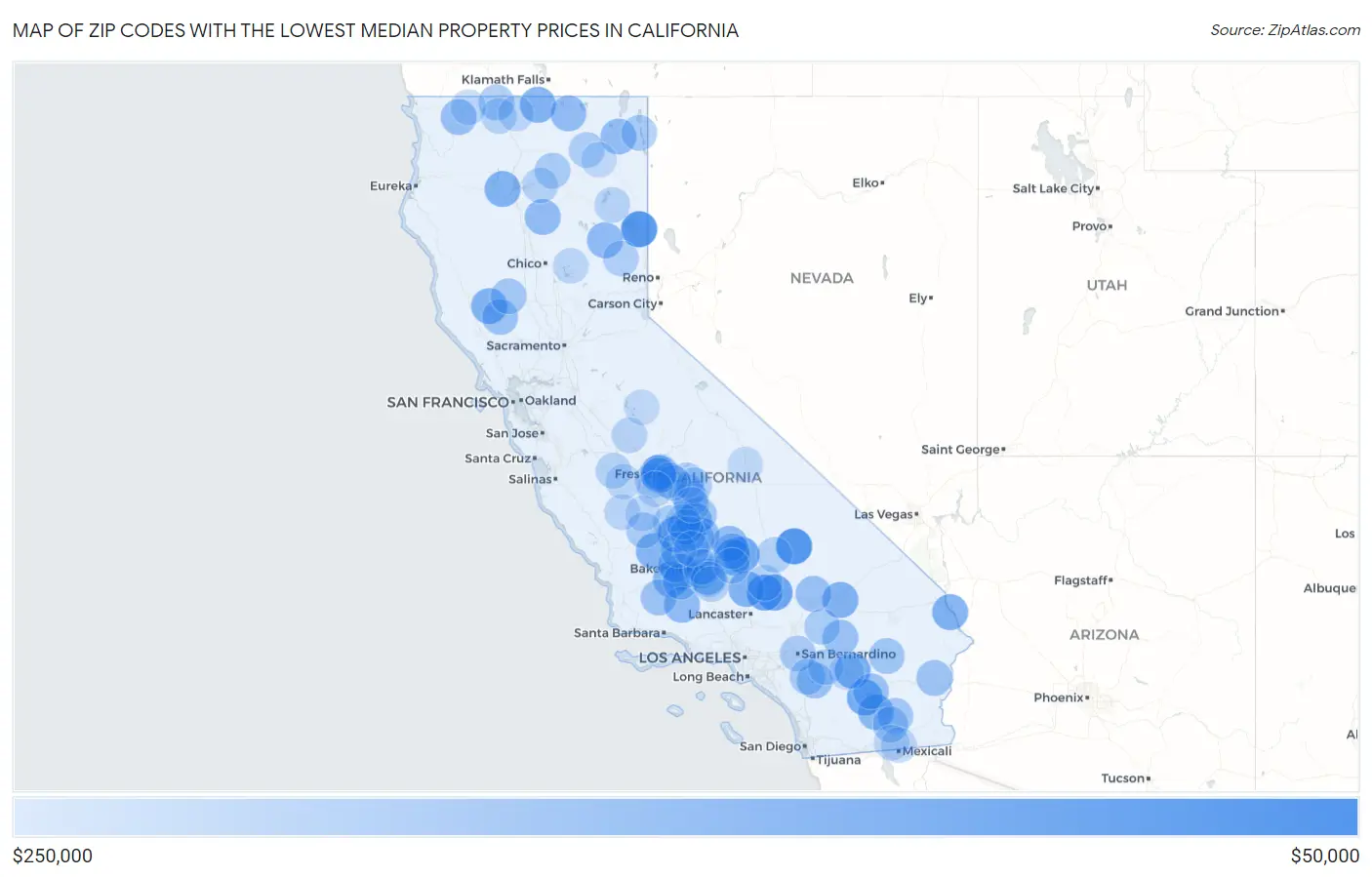 Zip Codes with the Lowest Median Property Prices in California Map