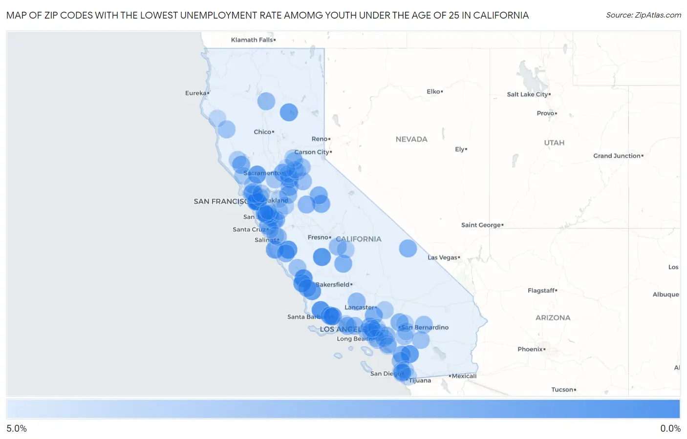 Zip Codes with the Lowest Unemployment Rate Amomg Youth Under the Age of 25 in California Map