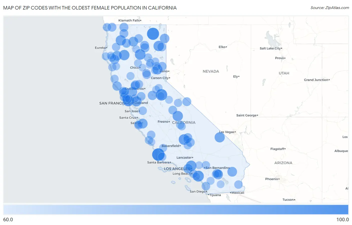 Zip Codes with the Oldest Female Population in California Map