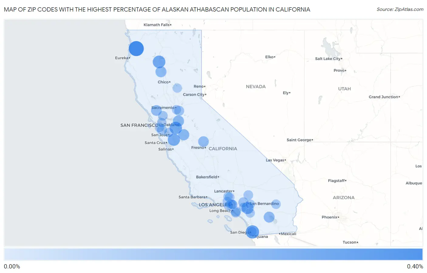 Zip Codes with the Highest Percentage of Alaskan Athabascan Population in California Map