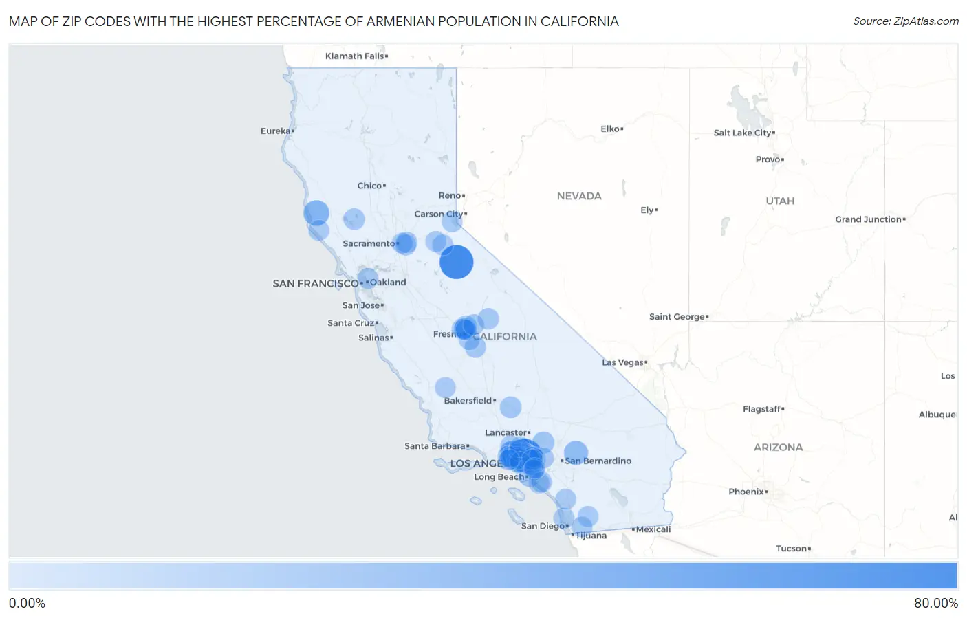 Zip Codes with the Highest Percentage of Armenian Population in California Map