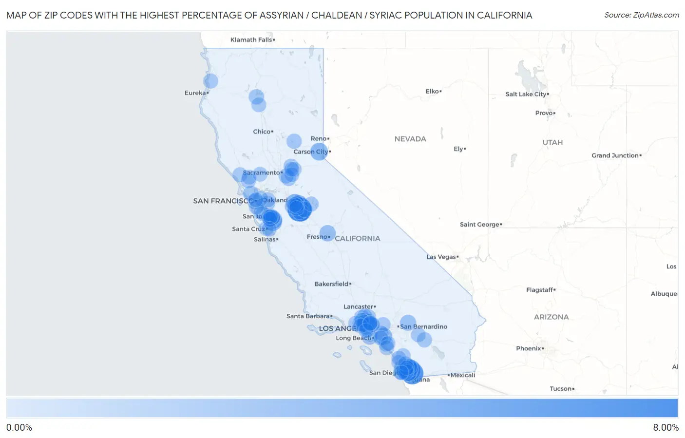 Zip Codes with the Highest Percentage of Assyrian / Chaldean / Syriac Population in California Map